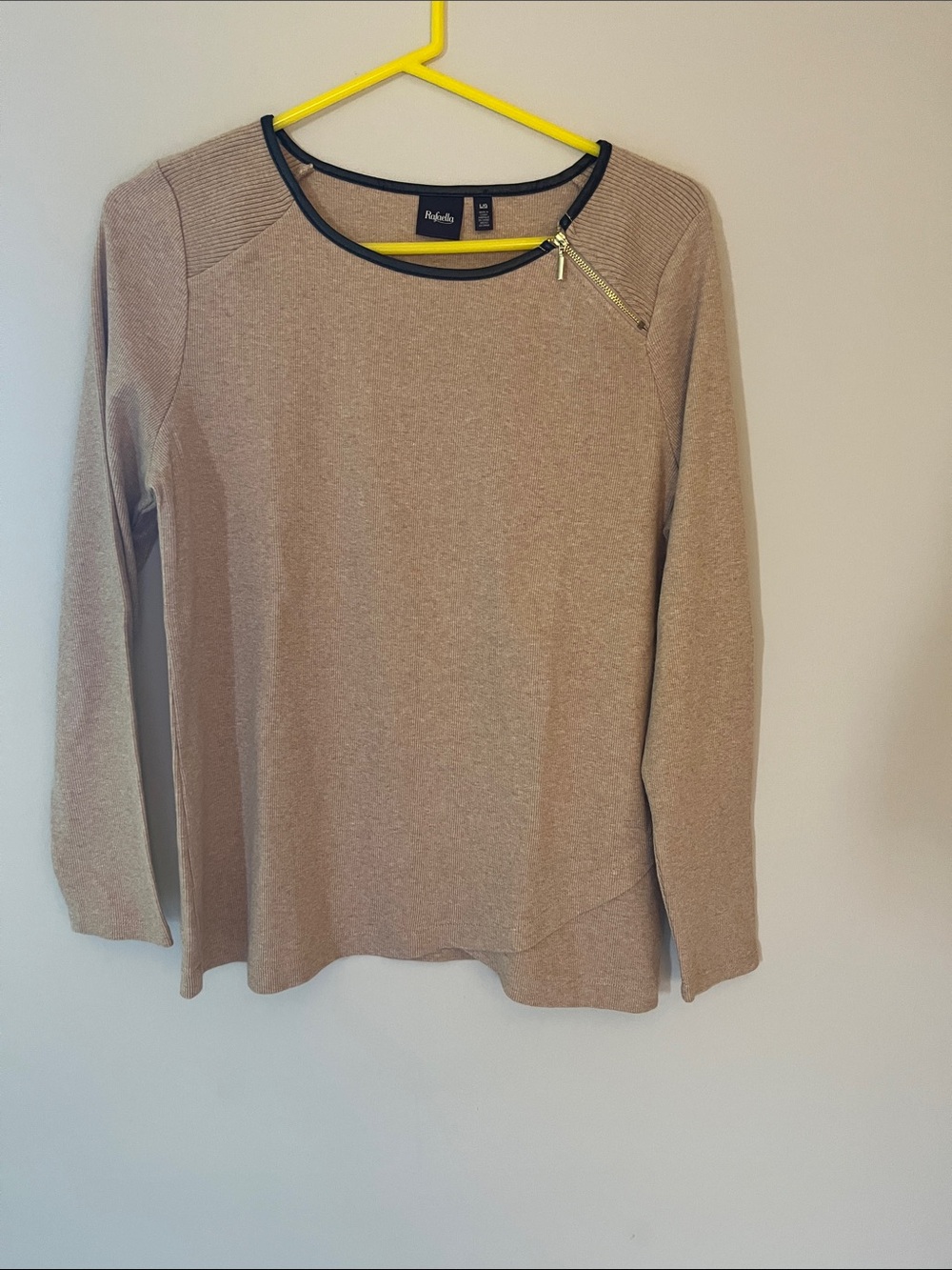 Rafaella Taupe Knit Top with Black Leather-Trim and Gold Zip